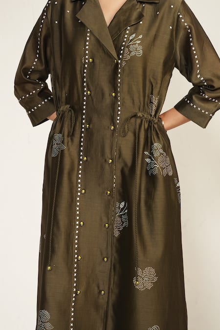 Shop_Arcvsh By Pallavi Singh_Green Chanderi, Silk Embroidery Collared Print Shirt Dress _Online_at_Aza_Fashions