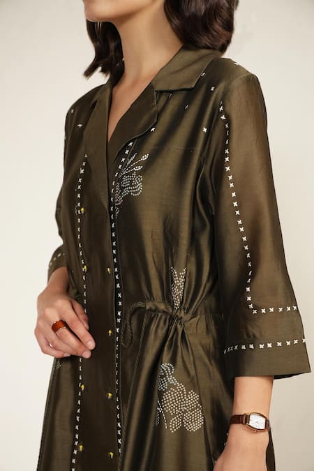 Arcvsh By Pallavi Singh_Green Chanderi, Silk Embroidery Collared Print Shirt Dress _at_Aza_Fashions