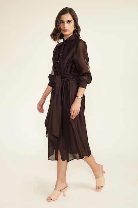 Arcvsh By Pallavi Singh_Purple Silk, Chanderi Embroidery Collared Grape Tie-up Midi Dress _Online_at_Aza_Fashions