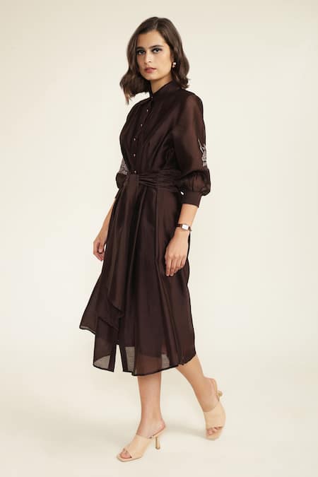 Buy_Arcvsh By Pallavi Singh_Purple Silk, Chanderi Embroidery Collared Grape Tie-up Midi Dress _Online_at_Aza_Fashions