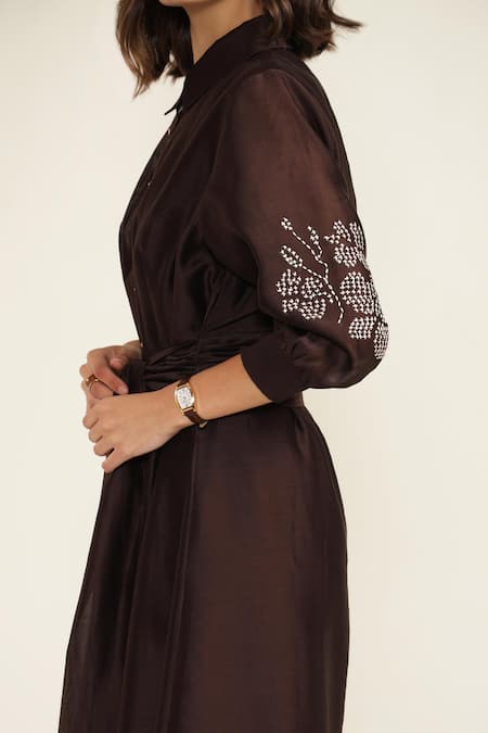 Shop_Arcvsh By Pallavi Singh_Purple Silk, Chanderi Embroidery Collared Grape Tie-up Midi Dress _Online_at_Aza_Fashions