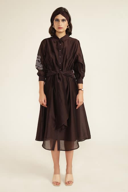 Buy_Arcvsh By Pallavi Singh_Purple Silk, Chanderi Embroidery Collared Grape Tie-up Midi Dress 