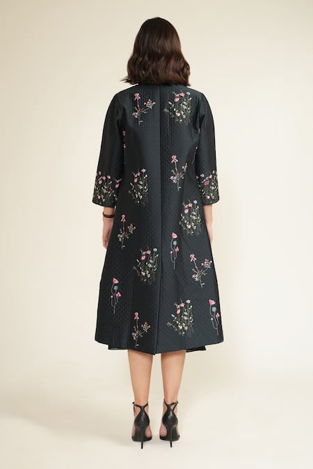 Shop_Arcvsh By Pallavi Singh_Blue Silk, Chanderi Embroidery V-neck, Printed Dress With Quilted Jacket _at_Aza_Fashions