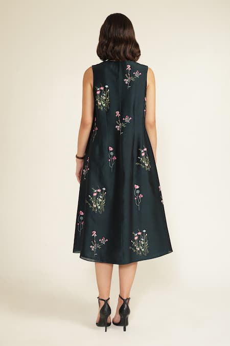 Buy_Arcvsh By Pallavi Singh_Blue Silk, Chanderi Embroidery V-neck, Printed Dress With Quilted Jacket _Online_at_Aza_Fashions