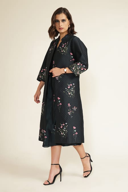 Shop_Arcvsh By Pallavi Singh_Blue Silk, Chanderi Embroidery V-neck, Printed Dress With Quilted Jacket _Online_at_Aza_Fashions