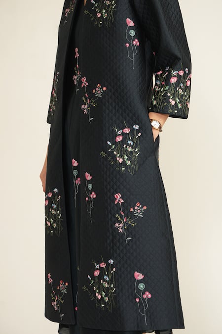 Arcvsh By Pallavi Singh_Blue Silk, Chanderi Embroidery V-neck, Printed Dress With Quilted Jacket _at_Aza_Fashions