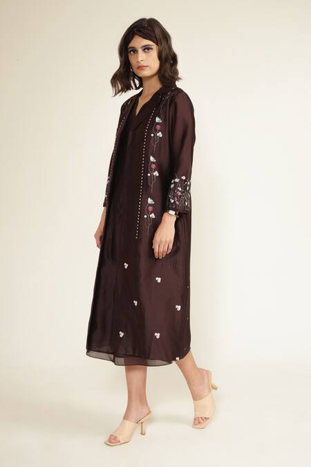 Shop_Arcvsh By Pallavi Singh_Purple Silk, Chanderi Embroidery V-neck, Abstract Print Midi Dress With Jacket _Online_at_Aza_Fashions