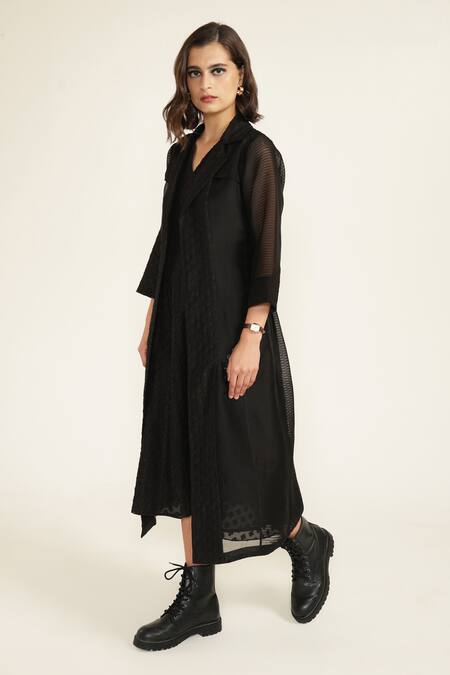 Shop Arcvsh By Pallavi Singh Black Brocade, Organza Embroidery V-neck Plain Dress With Jacket Online at Aza Fashions Shop_Arcvsh By Pallavi Singh_Black Brocade, Organza Embroidery V-neck Plain Dress With Jacket _Online_at_Aza_Fashions