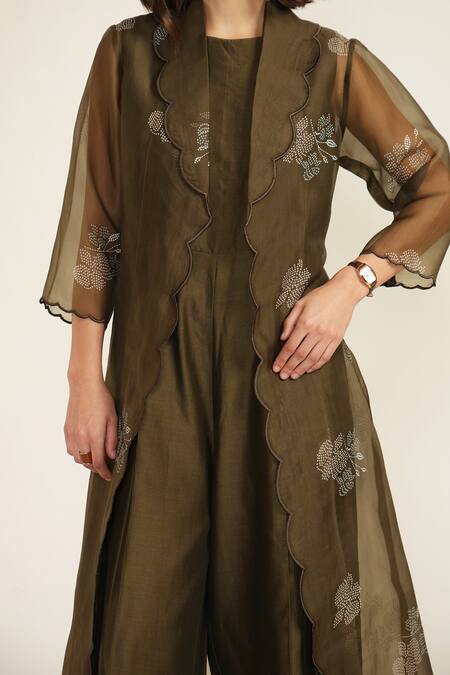 Arcvsh By Pallavi Singh_Green Organza Embroidery Round Scallop Collar Jumpsuit With Printed Jacket _at_Aza_Fashions