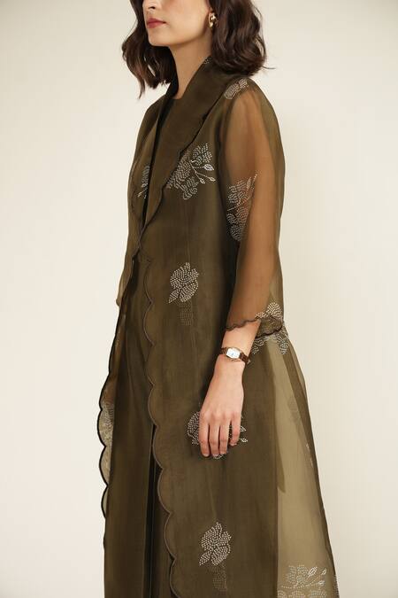 Buy_Arcvsh By Pallavi Singh_Green Organza Embroidery Round Scallop Collar Jumpsuit With Printed Jacket 