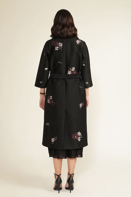 Shop_Arcvsh By Pallavi Singh_Black Silk, Chanderi Embroidery Round Solid Jumpsuit With Floral Quilted Jacket _at_Aza_Fashions