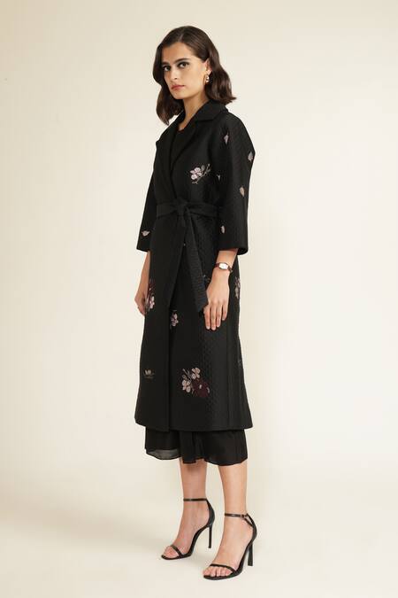 Shop_Arcvsh By Pallavi Singh_Black Silk, Chanderi Embroidery Round Solid Jumpsuit With Floral Quilted Jacket _Online_at_Aza_Fashions