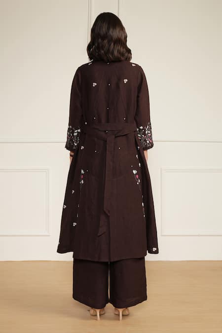 Shop_Arcvsh By Pallavi Singh_Purple Linen Embroidery V-neck Floral Print Jacket Set _at_Aza_Fashions