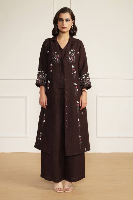 Arcvsh By Pallavi Singh_Purple Linen Embroidery V-neck Floral Print Jacket Set _Online_at_Aza_Fashions