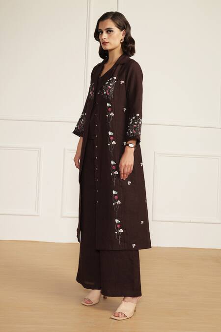 Buy_Arcvsh By Pallavi Singh_Purple Linen Embroidery V-neck Floral Print Jacket Set _Online_at_Aza_Fashions