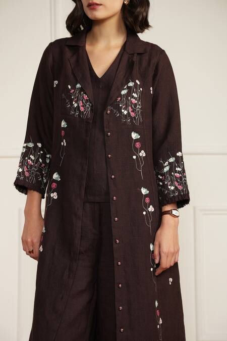 Shop_Arcvsh By Pallavi Singh_Purple Linen Embroidery V-neck Floral Print Jacket Set _Online_at_Aza_Fashions