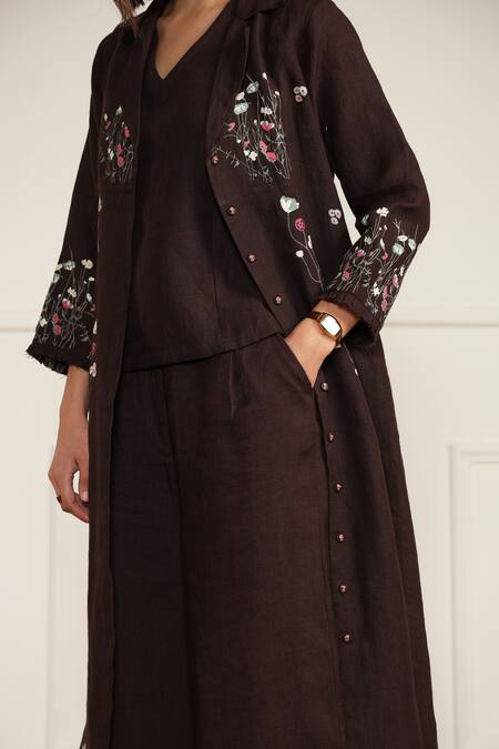 Arcvsh By Pallavi Singh_Purple Linen Embroidery V-neck Floral Print Jacket Set _at_Aza_Fashions