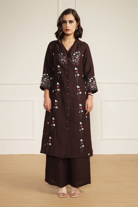 Shop_Arcvsh By Pallavi Singh_Purple Linen Embroidery V-neck Floral Print Jacket Set 