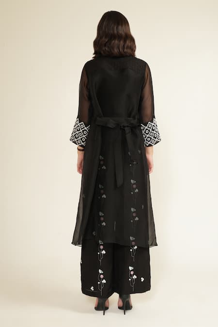 Shop Arcvsh By Pallavi Singh Black Organza, Brocade, Viscose, Linen Embroidery Collared, Sleeve Jacket Set at Aza Fashions Shop_Arcvsh By Pallavi Singh_Black Organza, Brocade, Viscose, Linen Embroidery Collared, Sleeve Jacket Set _at_Aza_Fashions