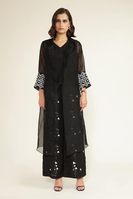 Arcvsh By Pallavi Singh Black Organza, Brocade, Viscose, Linen Embroidery Collared, Sleeve Jacket Set at Aza Fashions Arcvsh By Pallavi Singh_Black Organza, Brocade, Viscose, Linen Embroidery Collared, Sleeve Jacket Set _at_Aza_Fashions