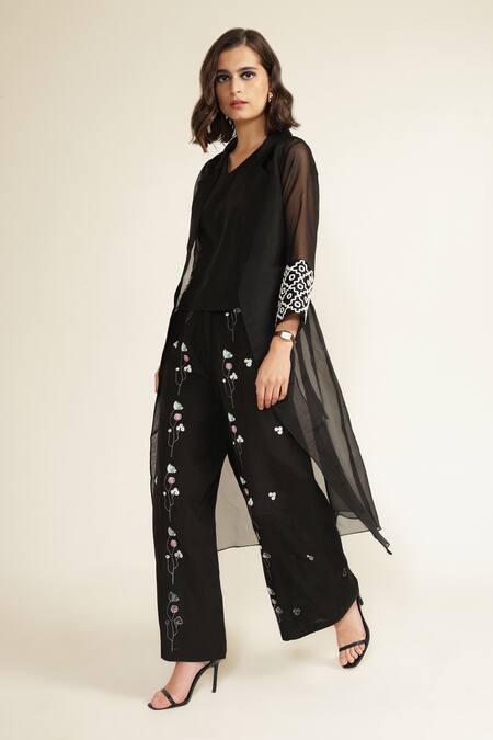 Shop Arcvsh By Pallavi Singh Black Organza, Brocade, Viscose, Linen Embroidery Collared, Sleeve Jacket Set Shop_Arcvsh By Pallavi Singh_Black Organza, Brocade, Viscose, Linen Embroidery Collared, Sleeve Jacket Set