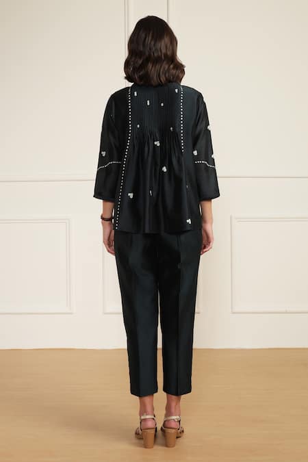 Shop Arcvsh By Pallavi Singh Blue Silk, Chanderi Embroidery Round Neck Floral Print Top Pant Set at Aza Fashions Shop_Arcvsh By Pallavi Singh_Blue Silk, Chanderi Embroidery Round Neck Floral Print Top Pant Set _at_Aza_Fashions