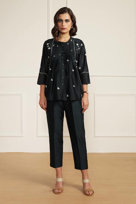 Buy Arcvsh By Pallavi Singh Blue Silk, Chanderi Embroidery Round Neck Floral Print Top Pant Set Online at Aza Fashions Buy_Arcvsh By Pallavi Singh_Blue Silk, Chanderi Embroidery Round Neck Floral Print Top Pant Set _Online_at_Aza_Fashions