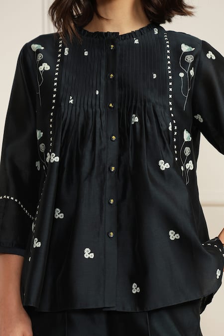 Shop Arcvsh By Pallavi Singh Blue Silk, Chanderi Embroidery Round Neck Floral Print Top Pant Set Online at Aza Fashions Shop_Arcvsh By Pallavi Singh_Blue Silk, Chanderi Embroidery Round Neck Floral Print Top Pant Set _Online_at_Aza_Fashions