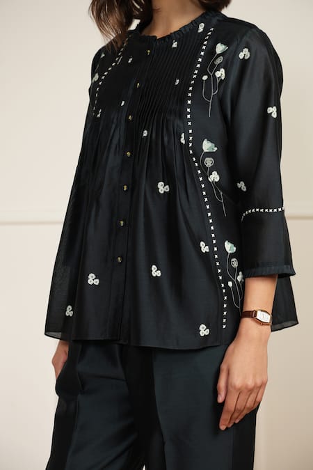 Arcvsh By Pallavi Singh Blue Silk, Chanderi Embroidery Round Neck Floral Print Top Pant Set at Aza Fashions Arcvsh By Pallavi Singh_Blue Silk, Chanderi Embroidery Round Neck Floral Print Top Pant Set _at_Aza_Fashions