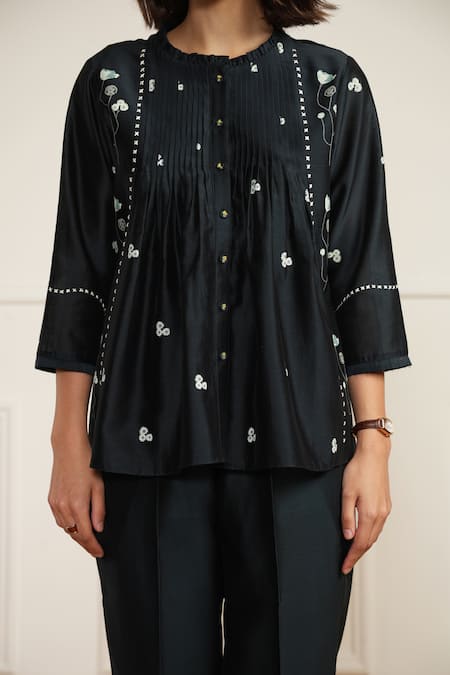 Buy Arcvsh By Pallavi Singh Blue Silk, Chanderi Embroidery Round Neck Floral Print Top Pant Set Buy_Arcvsh By Pallavi Singh_Blue Silk, Chanderi Embroidery Round Neck Floral Print Top Pant Set