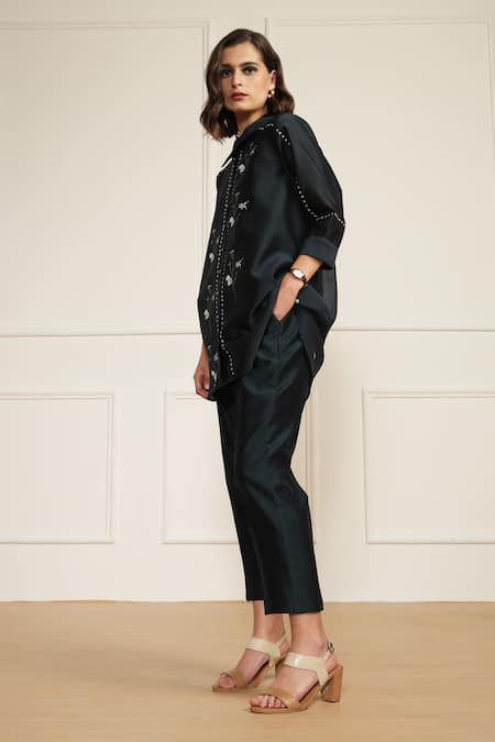 Buy Arcvsh By Pallavi Singh Blue Silk, Cotton, Chanderi Embroidery Collared Printed Top And Pant Set Online at Aza Fashions Buy_Arcvsh By Pallavi Singh_Blue Silk, Cotton, Chanderi Embroidery Collared Printed Top And Pant Set _Online_at_Aza_Fashions