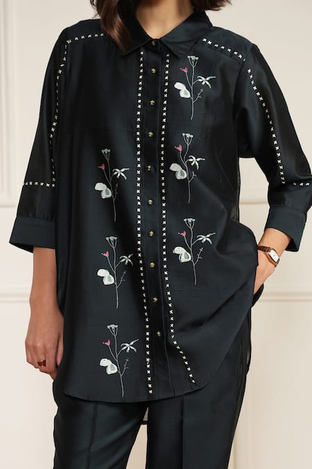 Shop Arcvsh By Pallavi Singh Blue Silk, Cotton, Chanderi Embroidery Collared Printed Top And Pant Set Online at Aza Fashions Shop_Arcvsh By Pallavi Singh_Blue Silk, Cotton, Chanderi Embroidery Collared Printed Top And Pant Set _Online_at_Aza_Fashions