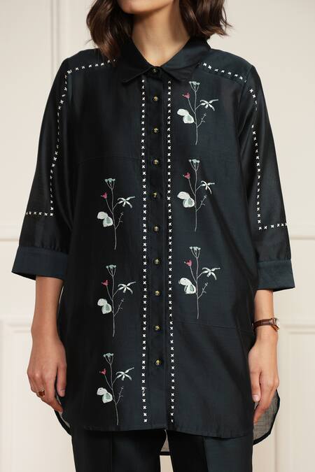 Arcvsh By Pallavi Singh Blue Silk, Cotton, Chanderi Embroidery Collared Printed Top And Pant Set at Aza Fashions Arcvsh By Pallavi Singh_Blue Silk, Cotton, Chanderi Embroidery Collared Printed Top And Pant Set _at_Aza_Fashions