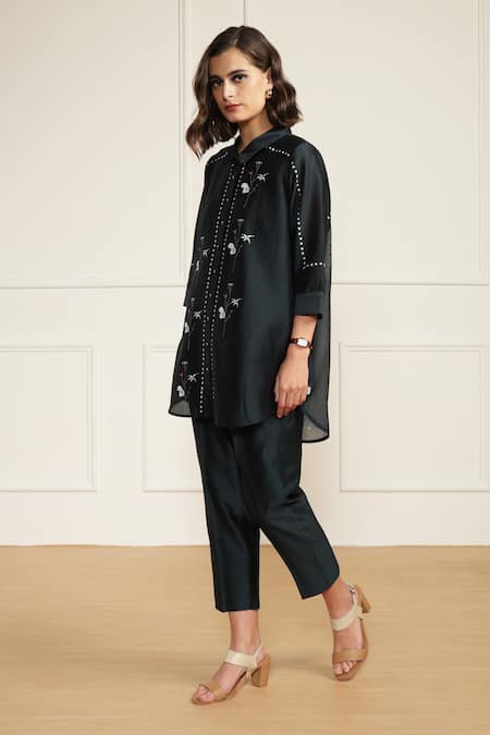 Buy Arcvsh By Pallavi Singh Blue Silk, Cotton, Chanderi Embroidery Collared Printed Top And Pant Set Buy_Arcvsh By Pallavi Singh_Blue Silk, Cotton, Chanderi Embroidery Collared Printed Top And Pant Set