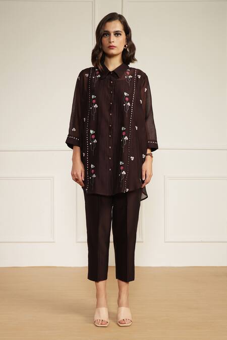 Buy Arcvsh By Pallavi Singh Purple Cotton, Chanderi Silk Embroidery Collared Floral Print Shirt And Pant Set Online at Aza Fashions Buy_Arcvsh By Pallavi Singh_Purple Cotton, Chanderi Silk Embroidery Collared Floral Print Shirt And Pant Set _Online_at_Aza_Fashions