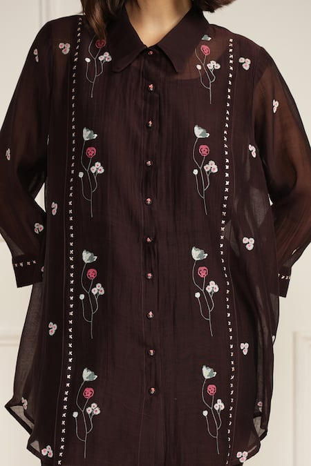 Arcvsh By Pallavi Singh Purple Cotton, Chanderi Silk Embroidery Collared Floral Print Shirt And Pant Set at Aza Fashions Arcvsh By Pallavi Singh_Purple Cotton, Chanderi Silk Embroidery Collared Floral Print Shirt And Pant Set _at_Aza_Fashions