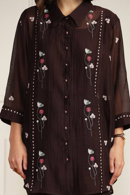 Buy Arcvsh By Pallavi Singh Purple Cotton, Chanderi Silk Embroidery Collared Floral Print Shirt And Pant Set Buy_Arcvsh By Pallavi Singh_Purple Cotton, Chanderi Silk Embroidery Collared Floral Print Shirt And Pant Set