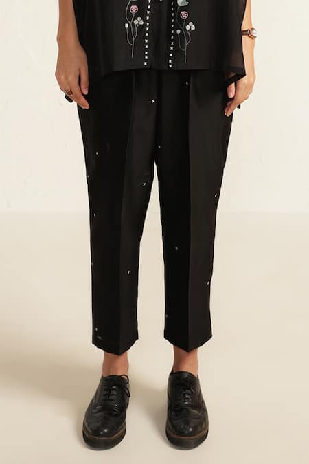Arcvsh By Pallavi Singh Black Cotton, Chanderi Silk Embroidery Collared Floral Print Shirt And Pant Set Online at Aza Fashions Arcvsh By Pallavi Singh_Black Cotton, Chanderi Silk Embroidery Collared Floral Print Shirt And Pant Set _Online_at_Aza_Fashions