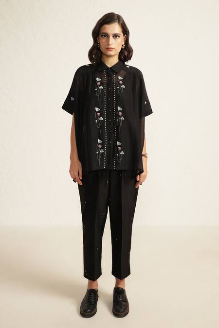 Buy Arcvsh By Pallavi Singh Black Cotton, Chanderi Silk Embroidery Collared Floral Print Shirt And Pant Set Online at Aza Fashions Buy_Arcvsh By Pallavi Singh_Black Cotton, Chanderi Silk Embroidery Collared Floral Print Shirt And Pant Set _Online_at_Aza_Fashions