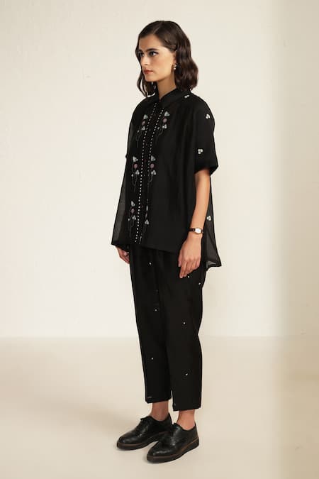 Shop Arcvsh By Pallavi Singh Black Cotton, Chanderi Silk Embroidery Collared Floral Print Shirt And Pant Set Online at Aza Fashions Shop_Arcvsh By Pallavi Singh_Black Cotton, Chanderi Silk Embroidery Collared Floral Print Shirt And Pant Set _Online_at_Aza_Fashions