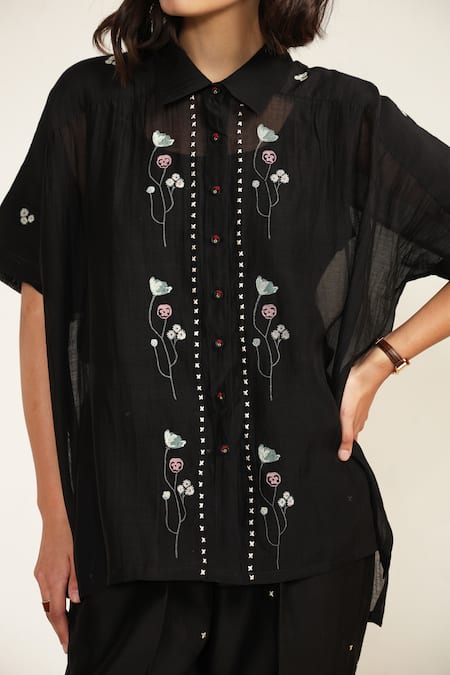 Arcvsh By Pallavi Singh Black Cotton, Chanderi Silk Embroidery Collared Floral Print Shirt And Pant Set at Aza Fashions Arcvsh By Pallavi Singh_Black Cotton, Chanderi Silk Embroidery Collared Floral Print Shirt And Pant Set _at_Aza_Fashions