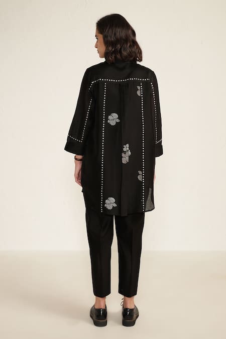Shop_Arcvsh By Pallavi Singh_Black , , Embroidery Collared Printed Shirt And Pant Set _at_Aza_Fashions