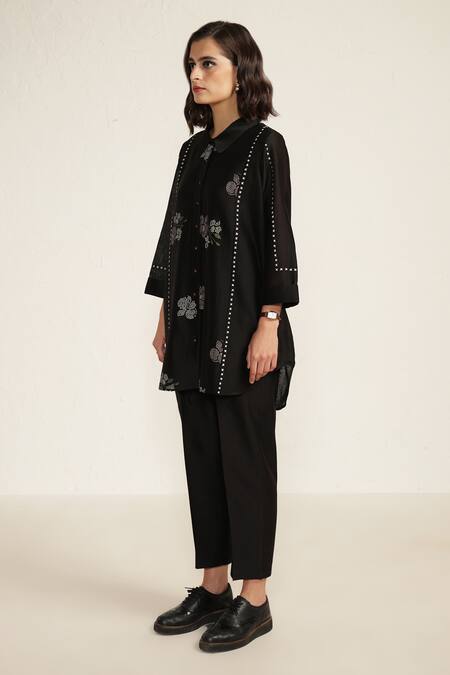 Shop_Arcvsh By Pallavi Singh_Black , , Embroidery Collared Printed Shirt And Pant Set _Online_at_Aza_Fashions