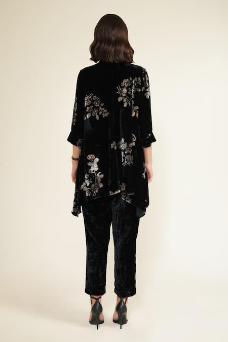 Shop Arcvsh By Pallavi Singh Blue Silk, Velvet Embroidery Collared Shirt And Pant Set at Aza Fashions Shop_Arcvsh By Pallavi Singh_Blue Silk, Velvet Embroidery Collared Shirt And Pant Set _at_Aza_Fashions