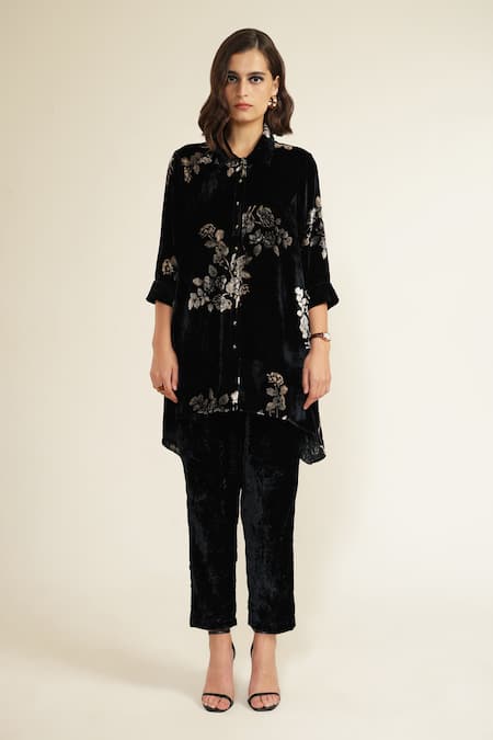 Buy Arcvsh By Pallavi Singh Blue Silk, Velvet Embroidery Collared Shirt And Pant Set Online at Aza Fashions Buy_Arcvsh By Pallavi Singh_Blue Silk, Velvet Embroidery Collared Shirt And Pant Set _Online_at_Aza_Fashions