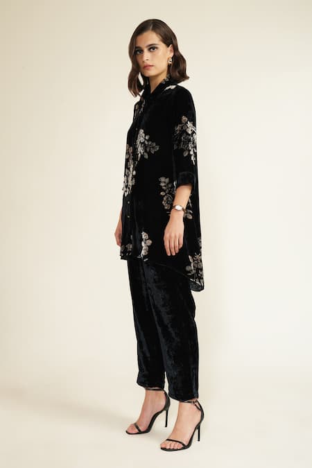 Shop Arcvsh By Pallavi Singh Blue Silk, Velvet Embroidery Collared Shirt And Pant Set Online at Aza Fashions Shop_Arcvsh By Pallavi Singh_Blue Silk, Velvet Embroidery Collared Shirt And Pant Set _Online_at_Aza_Fashions