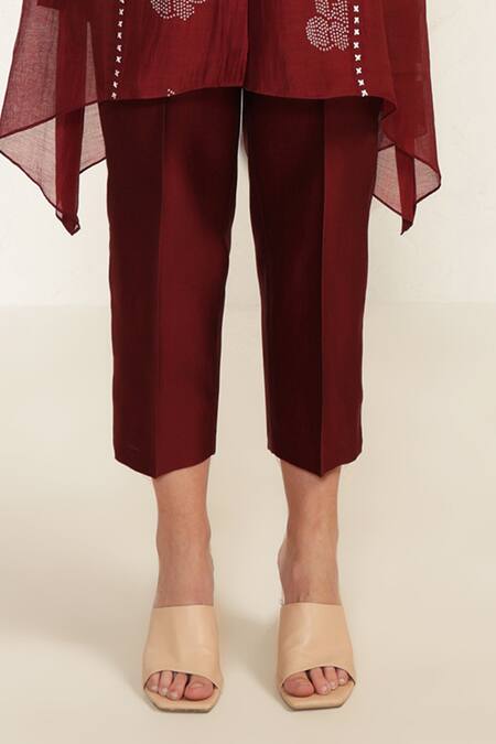 Arcvsh By Pallavi Singh Burgundy Cotton, Chanderi, Silk Embroidery Floral Screen Print Shirt And Pant Set Online at Aza Fashions Arcvsh By Pallavi Singh_Burgundy Cotton, Chanderi, Silk Embroidery Floral Screen Print Shirt And Pant Set _Online_at_Aza_Fashions