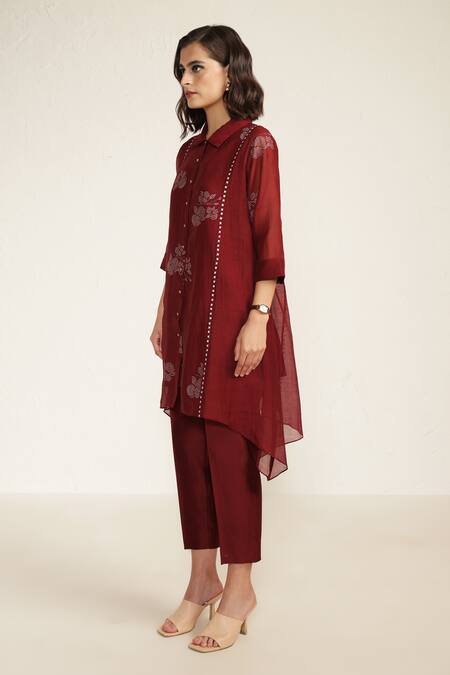 Buy Arcvsh By Pallavi Singh Burgundy Cotton, Chanderi, Silk Embroidery Floral Screen Print Shirt And Pant Set Online at Aza Fashions Buy_Arcvsh By Pallavi Singh_Burgundy Cotton, Chanderi, Silk Embroidery Floral Screen Print Shirt And Pant Set _Online_at_Aza_Fashions