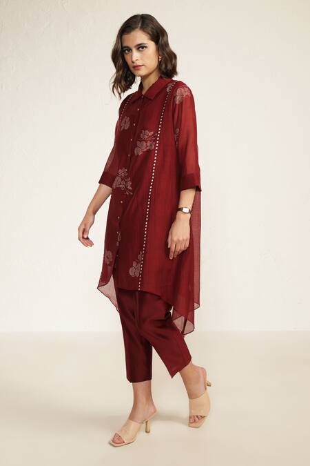 Shop Arcvsh By Pallavi Singh Burgundy Cotton, Chanderi, Silk Embroidery Floral Screen Print Shirt And Pant Set Online at Aza Fashions Shop_Arcvsh By Pallavi Singh_Burgundy Cotton, Chanderi, Silk Embroidery Floral Screen Print Shirt And Pant Set _Online_at_Aza_Fashions