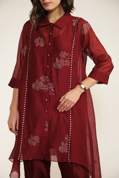 Arcvsh By Pallavi Singh Burgundy Cotton, Chanderi, Silk Embroidery Floral Screen Print Shirt And Pant Set at Aza Fashions Arcvsh By Pallavi Singh_Burgundy Cotton, Chanderi, Silk Embroidery Floral Screen Print Shirt And Pant Set _at_Aza_Fashions